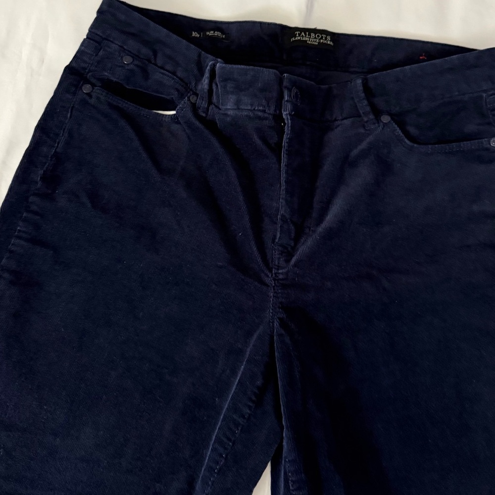 Talbots Flawless Five-Pocket Petites Navy Slim Ankle Frayed Hem Corduroy Pants - Picture 2 of 10